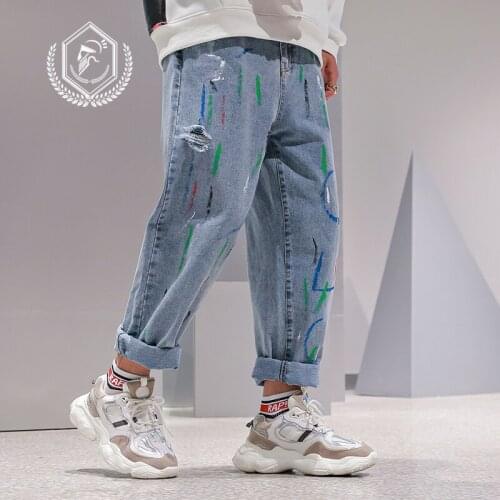Men Vintage Loose Staright Harem Jeans Fashion Ankle-Length Print Hole Jogger Hip Hop Jeans