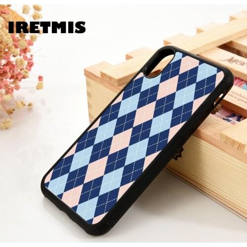 Iretmis 5 5S SE 6 6S Soft TPU Silicone Rubber phone case cover for iPhone 7 8 plus X Xs 11 Pro Max XR Plaid Checked Blue Pink