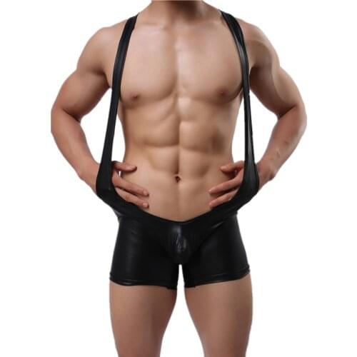 Faux Leather Gay Bodysuits Shorts Leotard Latex Jumpsuits One-piece Wrestling Singlet Undershirts Clubwear Lingerie Playsuits