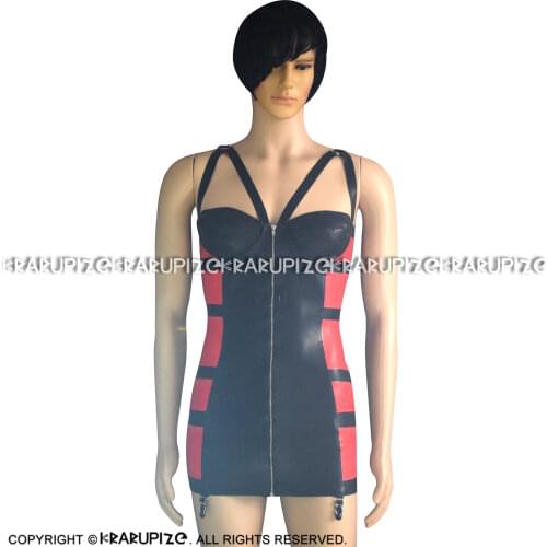 Red And Black Sexy Latex Top Garters Zipper At Front Trims At Sides Rubber Shirt Dress Clothes Clothings With Cups JC-0006