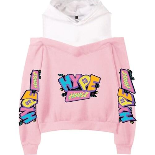 Summer Fashion The Hype House Harajuku Sports Hoody Ladies Off Shoulder Sweatshirt Campus Pink Hip Hop Off Shoulder Pullover