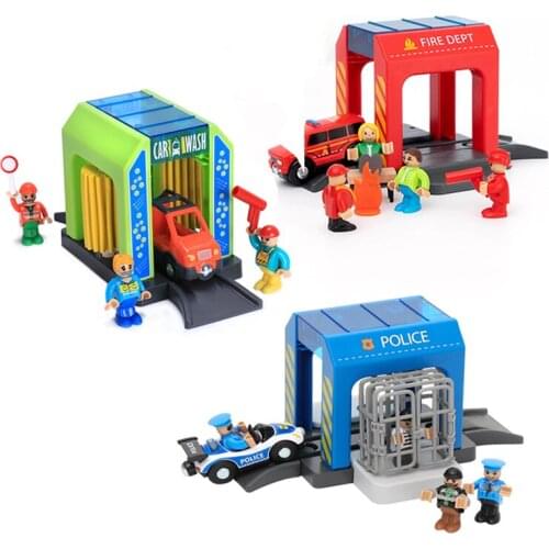 DIY Simulation Plastic Toy Set Police Station Car Wash Room Urban Scene Safe Childrens Toy Set Compatible with Wooden Track Car