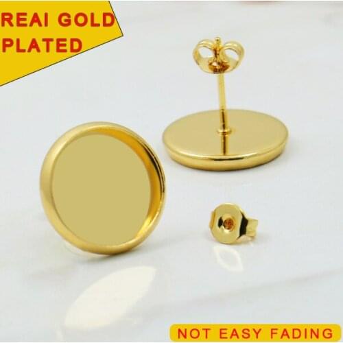 Never Fade) 10pcs 10mm Gold Color Copper Brass Earring Base Studs Ear Cameo Settings Cabochon Base Tray Blank (With Back)