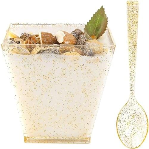2021 New 50Pack Square Small Dessert Cups-4oz Disposable Gold Glitter Plastic Bowls-50pack Mini Tasting Spoons