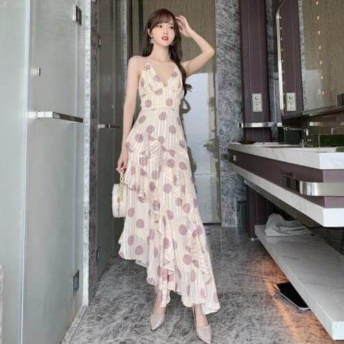 New arrival fashion party dress women elegant summer sexy strap ruffle temperament office lady chiffon dot asymmetrical dress