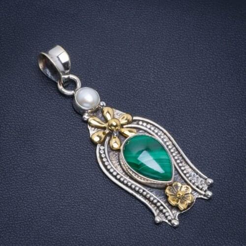 Natural Two Tones Malachite&River Pearl Flower Handmade Unique 925 Sterling Silver Pendant 2" B3371