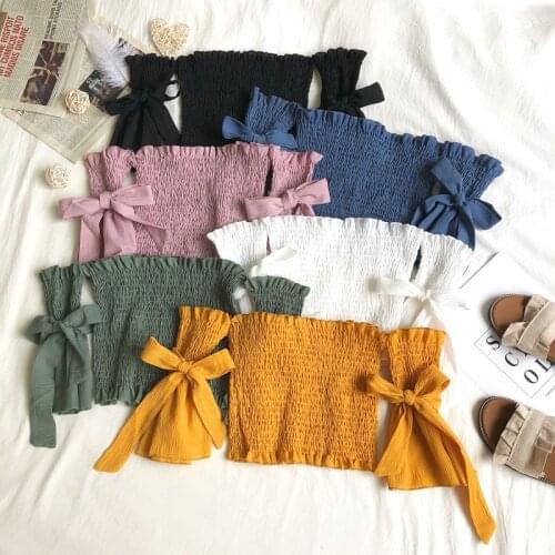 2021 Summer Women Puff Sleeve Slash Neck Chic Shirt Sexy Lady Short Elastic Slim High Waist Bandage Strap Bow Ruffle Blouse Tops