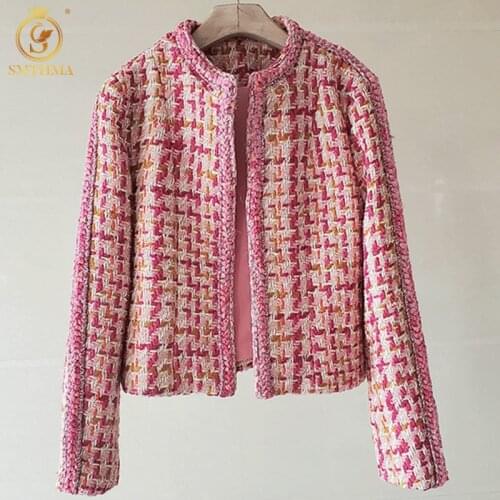 SMTHMA 2021 New Arrival Autumn And Winter Pink Houndstooth Tweed Jacket Short Coat Womens Fashion High-Quality Runway Tops