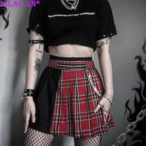 Punk Red Pleated Plaid Mini Skirts Goth Harajuku Black Patchwork Chain High-waisted Skirt Vintage Aesthetic Summer Women Skirt