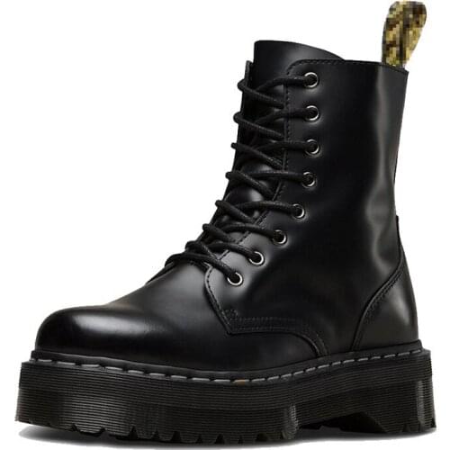 Women Winter Thick Heel Platform Ankle Boots Genuine Leather Boots Black Martenss Boots Women Ankle Boots Motorcycle Shoes 35-41