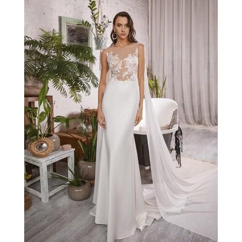 Vestidos Elegantes Beading Appliques Flowers Sexy See Through Illusion Soft Satin Mermaid Wedding Dress
