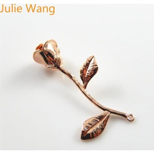 Julie Wang 1PCS Rose Flowers Charms Rose Gold Color Copper Necklace Pendants Jewelry Making Earring Bracelet Metal Accessory