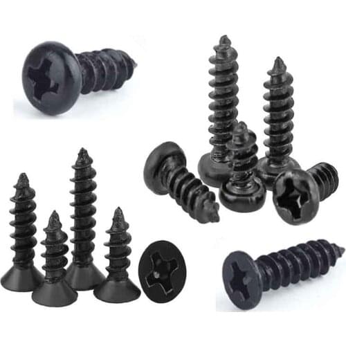 100pcs Black Steel Mini Micro Small Phillips Flat Head Cross Round Pan Head Self-tapping ScrewM1.4 M1.7 M2 M2.5 M2.6 M3 M3.5 M4