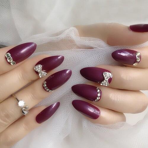 24 PCS of Purple Pressed Pails Womens wearable Fake nails Custom-made Rhinestone slim high heel tip full set acrylic false nail