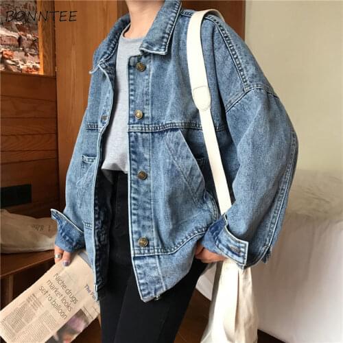 Basic Jackets Women Vintage Simple Spring Chic Denim Korean College Style Girls Jacket Stylish Turn-down Collar Ladies Outwear