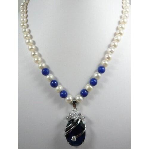 Free shipping Noble White 7-8 Genuine Pearl Zircon Crystal pendant pendant women Jewelry Necklace 18inches