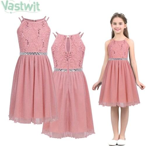 6-14 Years Kids Girls Sleeveless Shiny Sequined Floral Lace Princess Tulle Dress for Birthday Party Wedding Summer Prom Costume