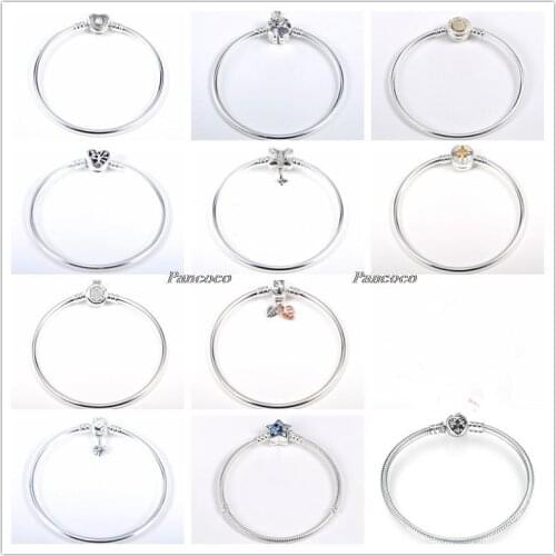 Authentic 925 Sterling Silver Bangle Moments Daisy Flower Clasp Snake Chain Bracelet Bangle Fit Bead Charm Pandora Jewelry