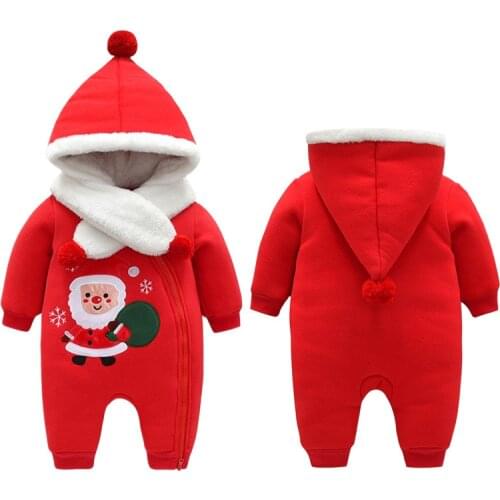 Baby Christmas Onesie Newborn Baby Jumpsuits Winter Warm Red Hooded Rompers Santa Claus Print Girls/Boys Clothes Infant Jumper