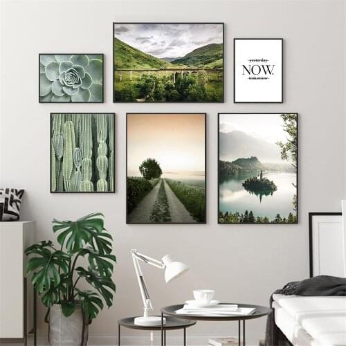 Cactus Leaf Plant Wall Art Poster Mountain Lake Forest Landscape Art Print Inspirational Quote Canvas Painting Nordic Home Decor