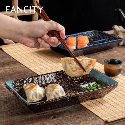 FANCITYCeramic Dumpling Plate, Household Japanese Sushi Plate with Dipping Plate, Rectangular Plate, Cold Snack Plate