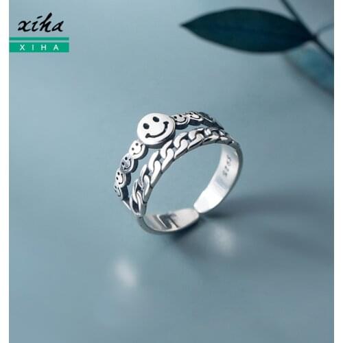 XIHA 925 Sterling Silver Rings Women Layered Vintage Happy Smiley Face Adjustable Ring Cuban Chain Punk Statement Trendy Jewlery