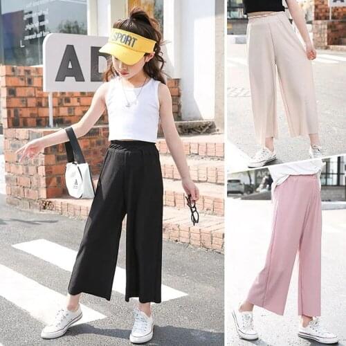 Summer Ice Silk Wide Leg Pants For Girls Comfort Loose Elestic Waist Childrens clothing Teenage Girls Ankle Length Toursers