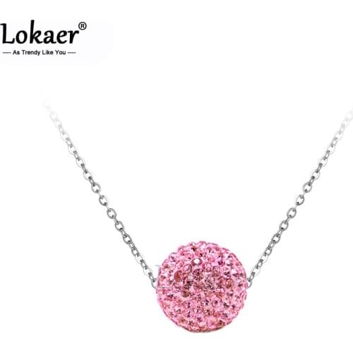 Lokaer Trendy Clay Crystals Disco Ball Pendant Necklaces For Women Girls Stainless Steel Chain Rose Gold Color Jewelry GSNE1