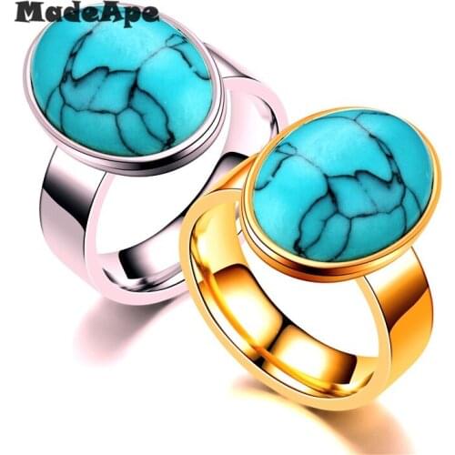 MadApe Wholesale Retro Jewelry Titanium Stainless Steel Inlaid Blue Stone Ring For Women Men Ring Wedding Jewelry