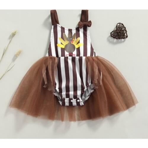 Lovely Thanksgiving Day Tulle Romper Newbonr Baby Girls Color Block Stripe Cartoon Print Mesh Sling Playsuit with Bowknot