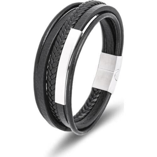 Fashion Multilayer Leather Bracelet For Men Temperament Stainless Steel Magnet Black Leather Bracelet Men Jewelry Gift