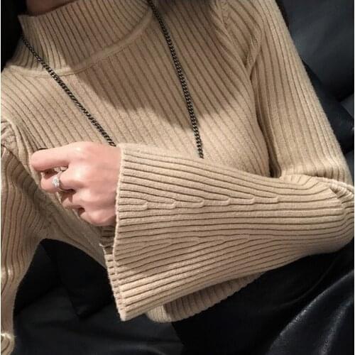 Fashion Warm Cashmere Sweater Bell Sleeve Mock Neck Sweet Wool Sweater Women Sweaters Jumper Pull Winter Autumn Pullover Tops