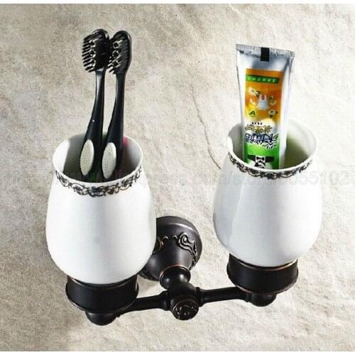 Wall Mounted Oil Rubbed Bronze Double Cup Holder Toothbrush Holder with Two Ceramics Cups Rack Tumbler Holder zba451