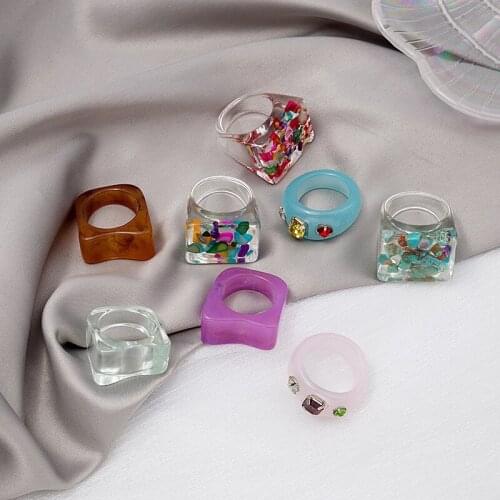 New Transparent Crystal Colourful Square Round Rings For Women Girls Fashion Acrylic Geometric Finger Jewelry Party Gifts
