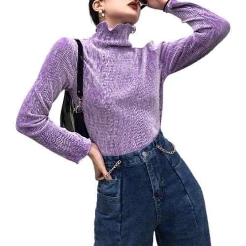 New Ladies Fashion Long Sleeve High Neck Top Casual Solid Color Ladies Top Women High Neck Velvet Long Sleeve Top-Purple