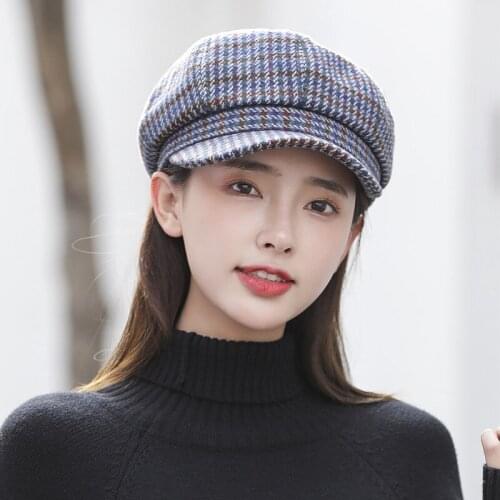 Autumn Winter Warm Beret Female Houndstooth Net Red Trend Retro British Navy Adjustable Fashion Ladies Octagonal Hat