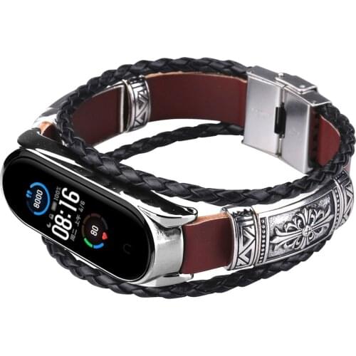 For Xiaomi Mi Band 5 / 5 NFC Leather Strap Retro Butterfly Clasp Embossed Leather Watchbands Men Ethnic Style Watch Strap