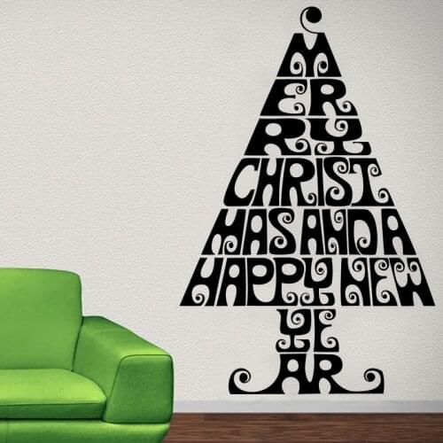 Merry Christmas And A Happy New Year Living Room Wall Decor Sticker Creative Home Decor Letters Christmas Tree Wall Decal