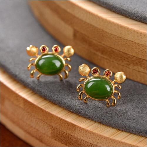 Silver inlaid natural Hetian jade small crab Earrings Chinese style retro fresh romantic dull Cute Charm womens jewelry