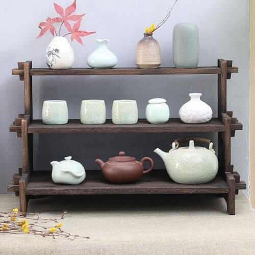 Japanese retro tabletop storage rack modern solid wood Bogu tea set shelf multi-functional kitchen teapot cup organizer