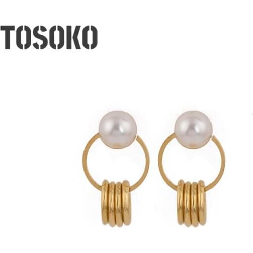 TOSOKO Stainless Steel Jewelry Double Ring Pearl Earrings Fashion Earrings For Women BSF243