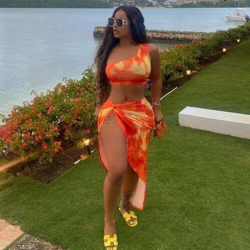 Women Sexy Skirt Suits Summer Clothes 2021 Crop Top and High Slit Midi Skirts Sets Streetwear Tie Dye Tight Club Party Dress