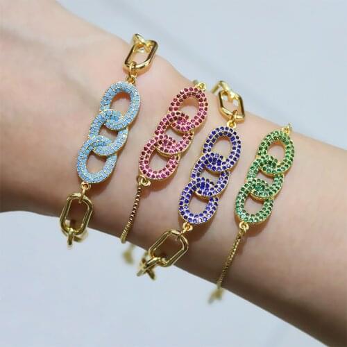 Gold CZ Women Bracelets Geometric Punk Street Hip Hop Jewelry Colorful Chunky Iink Chain Female Bracelet Zirconia