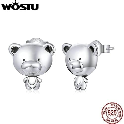 WOSTU Little Cute Bears Stud Earrings 925 Sterling Silver Animal Earrings For Women Wedding Engagement Jewelry BKE1005