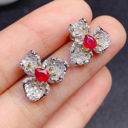 Fine Jewelry 925 Sterling Silver Natural Gemstone Ruby Female Earrings Vintage Support Test