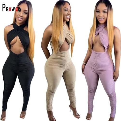 Prowow Sexy Backless Women Jumpsuits Summer Cross Bandage Bodycon Outfits One Piece Romper for Lady Folds Solid Color Clothing
