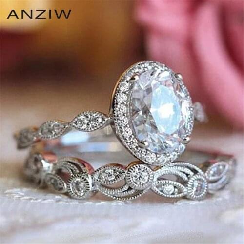 Luxury 925 Sterling Silver Women Engagement Halo Oval Cut Ring Set Simulated Diamond Wedding Silver Bridal Ring Set Jewelry