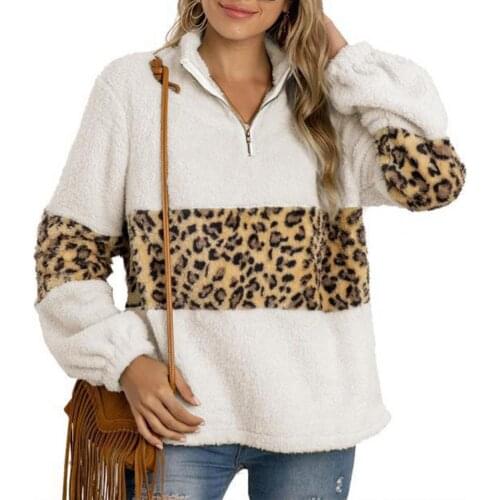 Women Leopard Patchwork Hooded Sweatshirt Autumn Winter Loose Plush Zipper Stand Collar All Match Coat Pullover Tops Streetwear