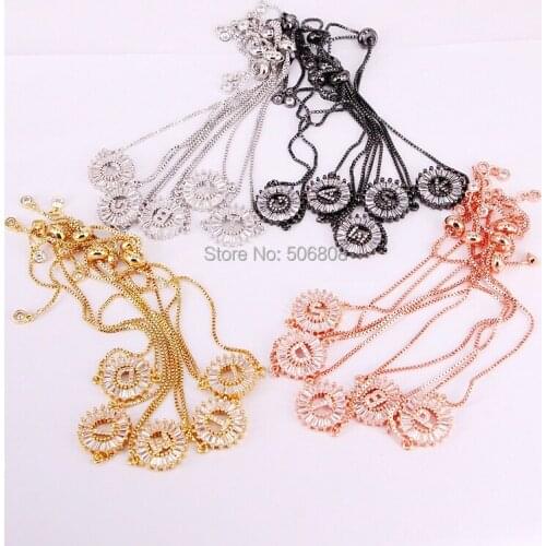 10PCS ZYZ-B4798 Gold Silver color Rose Gold Black Letter Connector Bracelet Micro Pave CZ Zirconia Round Charm Chain Bracelets