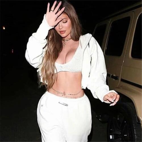 2021SS Kylie Jenner Ins Fashion Woman Brooch Zipper Irregular Torn Edges Cropped Hoodies Sweatshirt